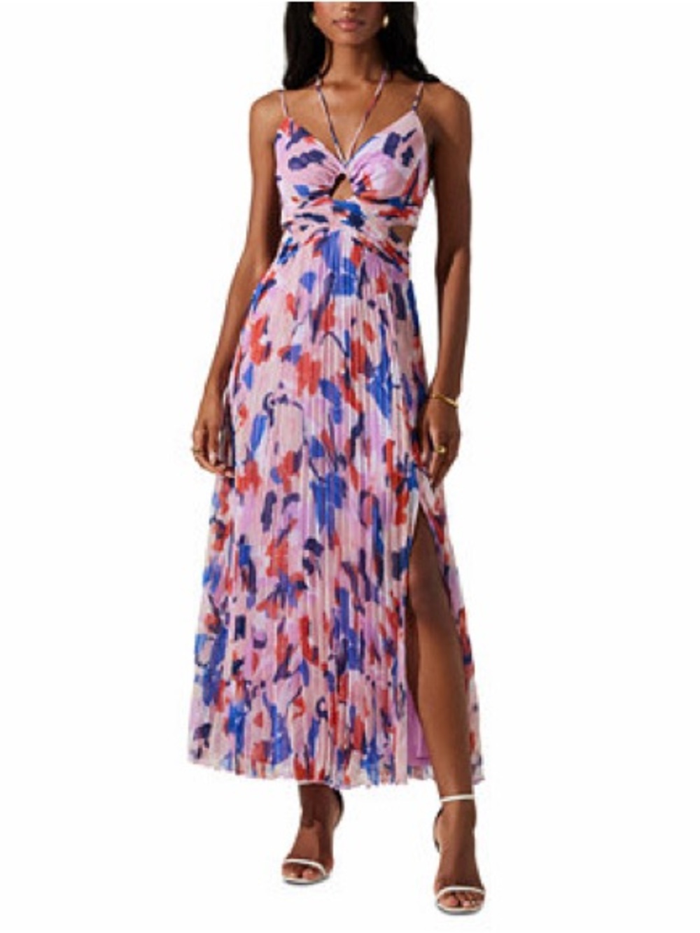 Astr Pink Floral Pleated Maxi Dress with Side Slit